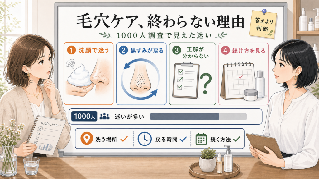 毛穴ケアが終わらない理由を1000人調査の迷いとして整理したイラスト