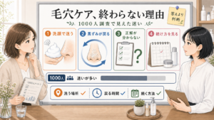 毛穴ケアが終わらない理由を1000人調査の迷いとして整理したイラスト