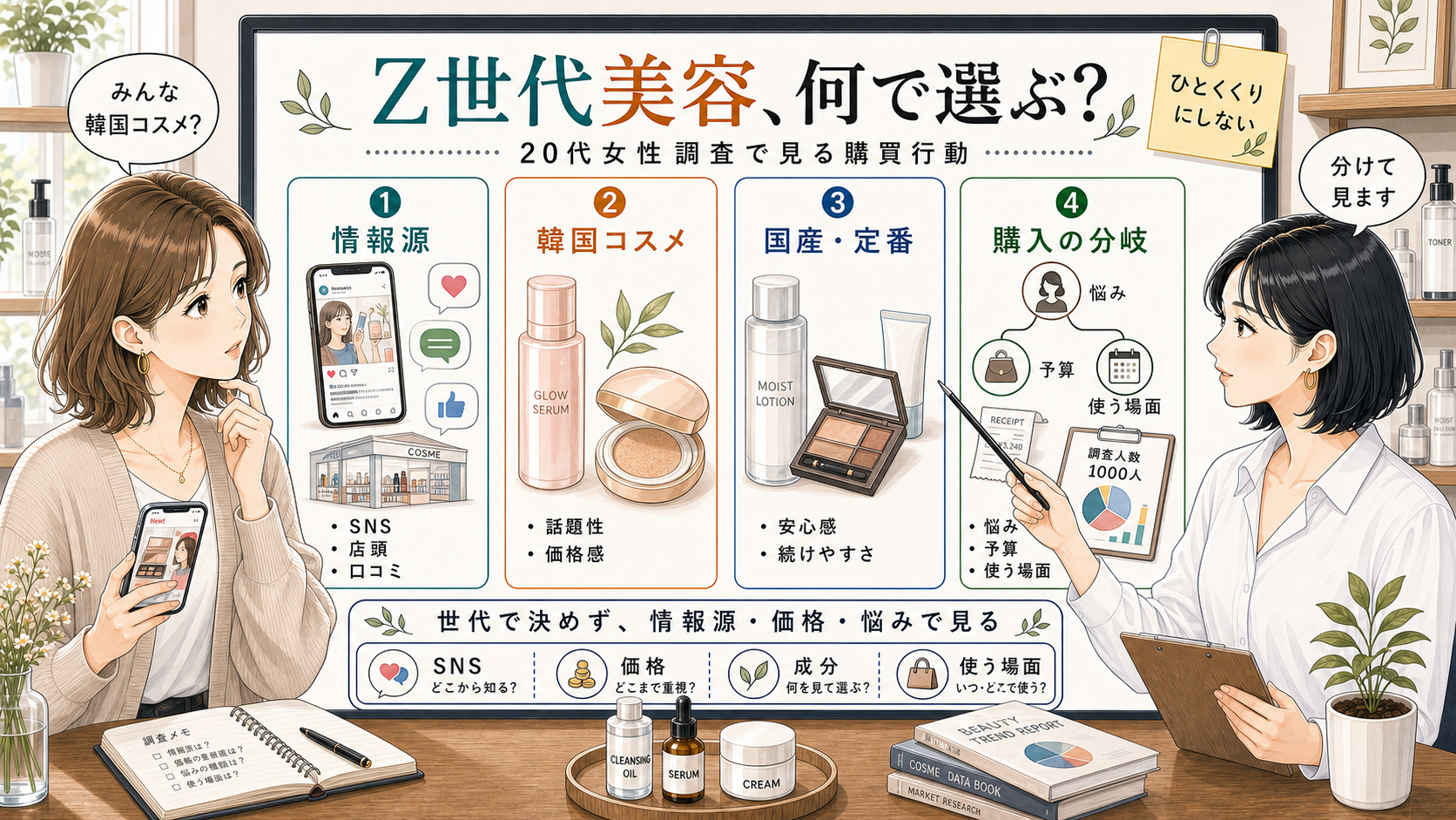 Z世代の美容購買行動と韓国コスメ・国産定番・情報源の違いを千冬が相談ボードで整理するアイキャッチ