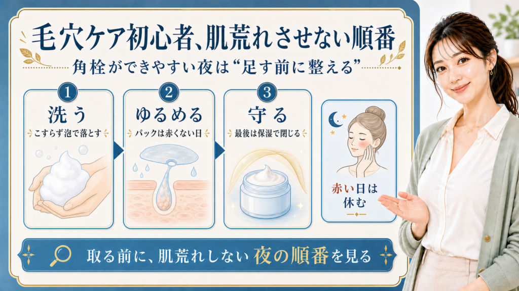毛穴ケア初心者が肌荒れさせず角栓をできにくくする夜の順番を整理したアイキャッチ