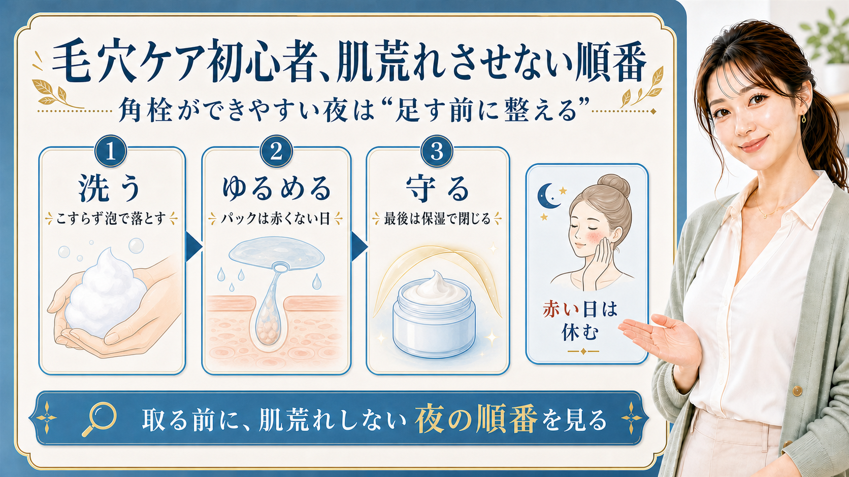 毛穴ケア初心者が肌荒れさせず角栓をできにくくする夜の順番を整理したアイキャッチ