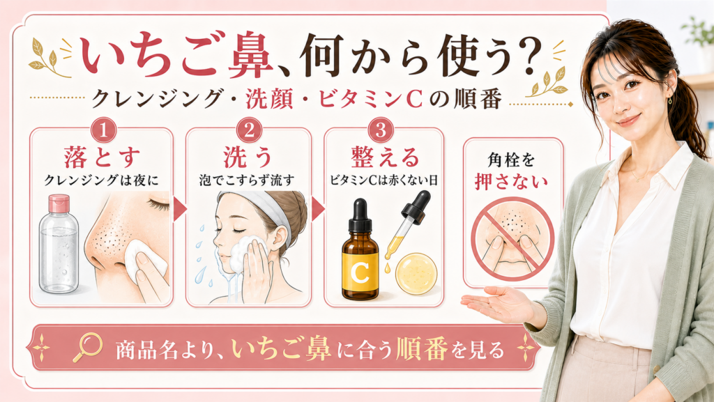 いちご鼻に使うクレンジング・洗顔・ビタミンCの順番を整理したアイキャッチ