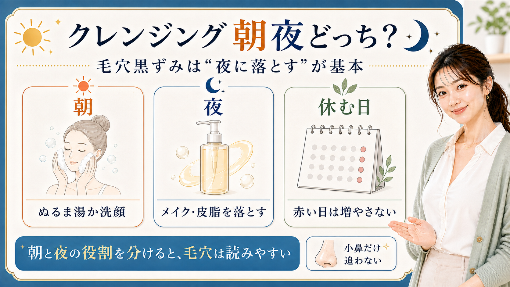 クレンジングは朝夜どっちかを朝・夜・休む日で整理したアイキャッチ