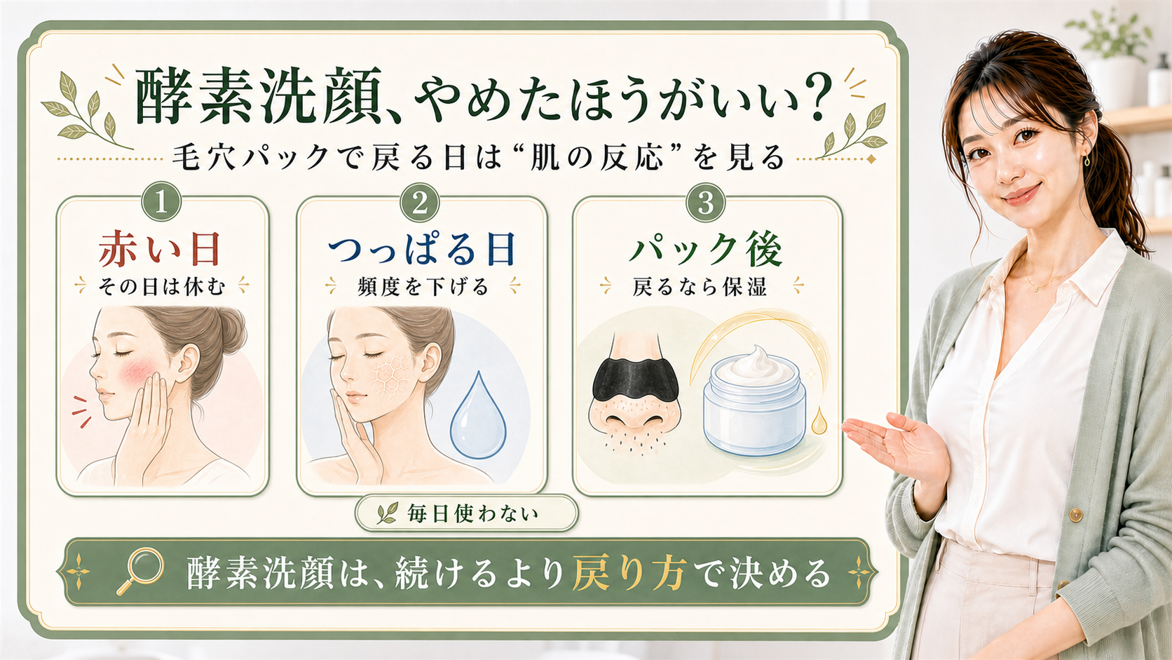 酵素洗顔をやめたほうがいいかを赤い日・つっぱる日・パック後で見分ける解説ボード