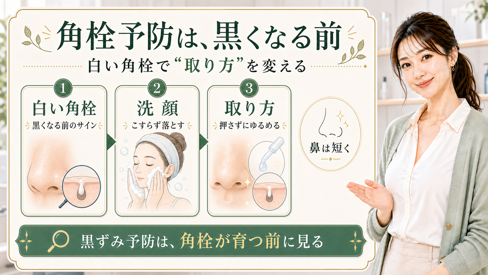 白い角栓・洗顔・取り方で黒ずみ予防を説明する解説ボード
