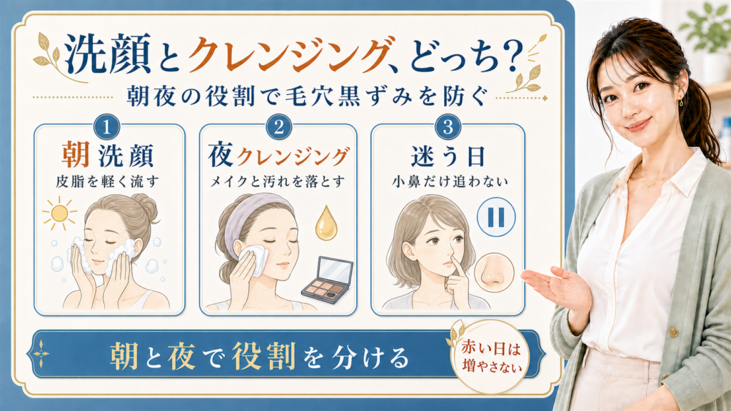 朝洗顔・夜クレンジング・迷う日で毛穴黒ずみ対策を説明する解説ボード
