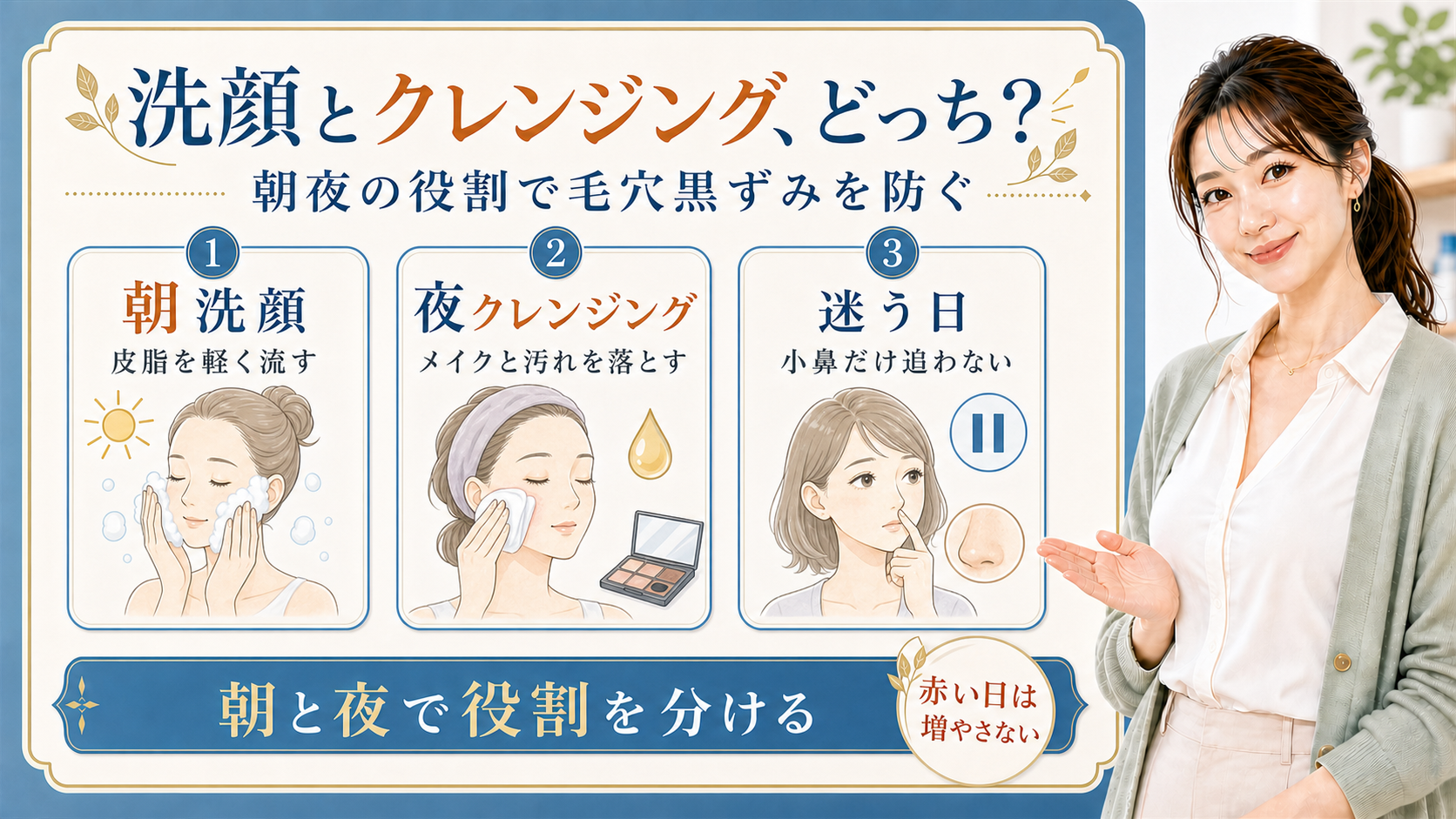 朝洗顔・夜クレンジング・迷う日で毛穴黒ずみ対策を説明する解説ボード
