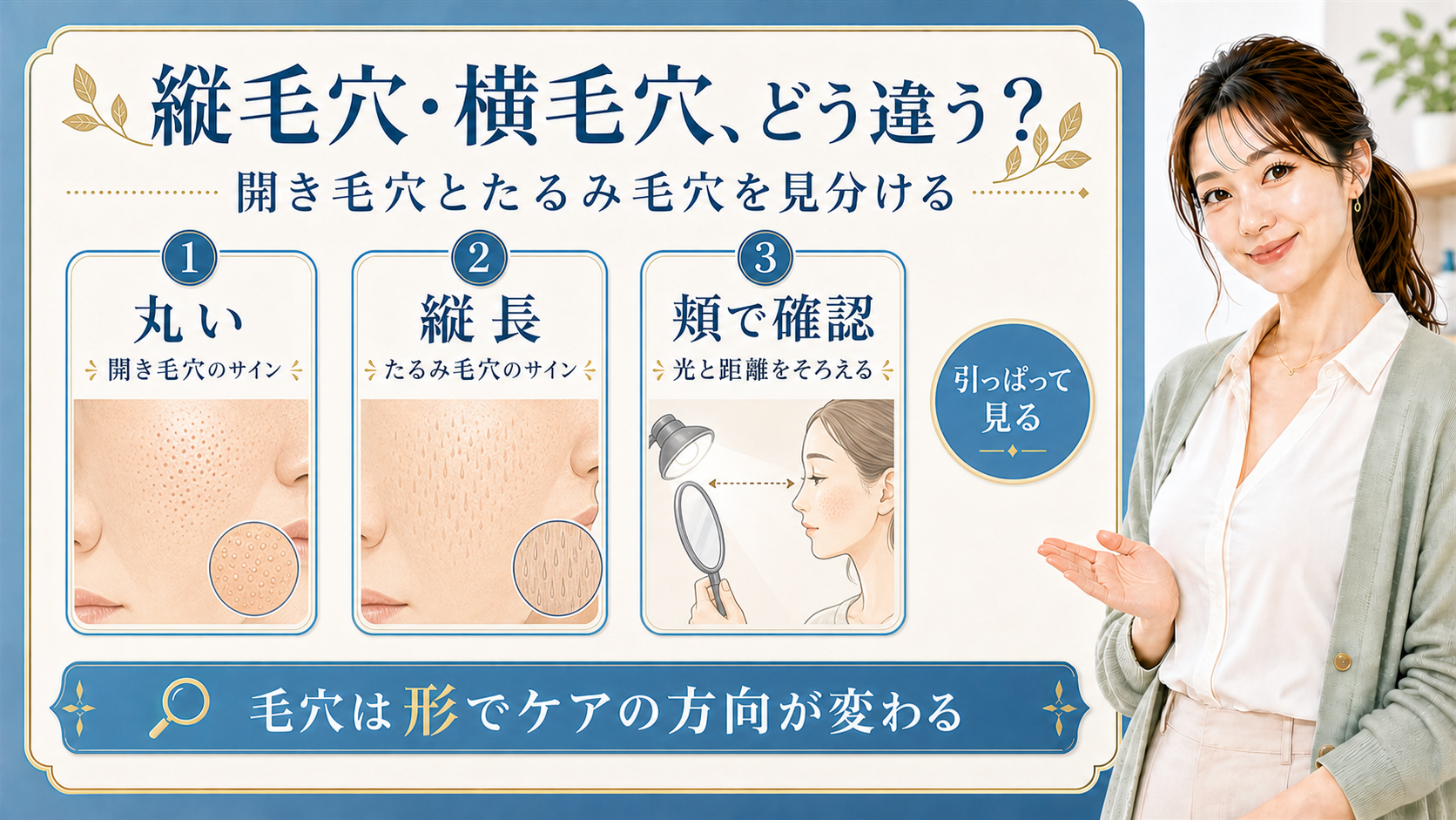 丸い毛穴・縦長毛穴・頬で確認する見分け方を説明する解説ボード