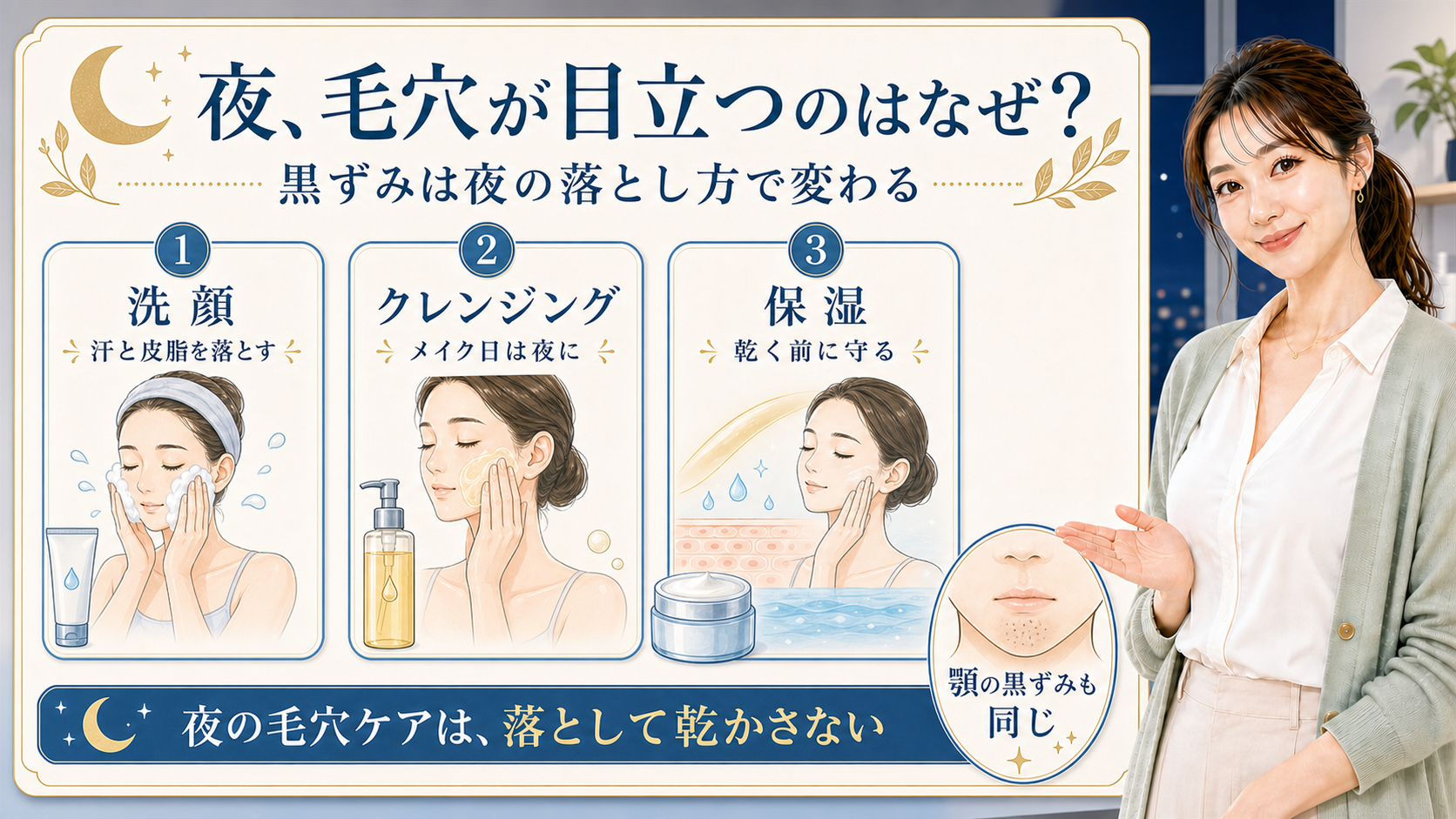 洗顔・クレンジング・保湿で夜の毛穴黒ずみ予防を説明する解説ボード