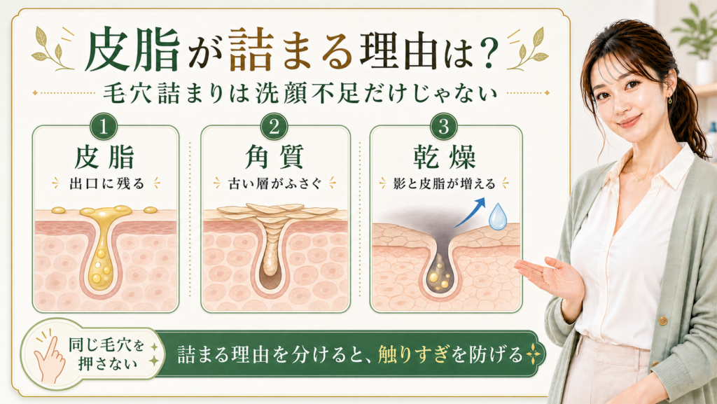 皮脂・角質・乾燥で毛穴詰まりの理由を説明する解説ボード