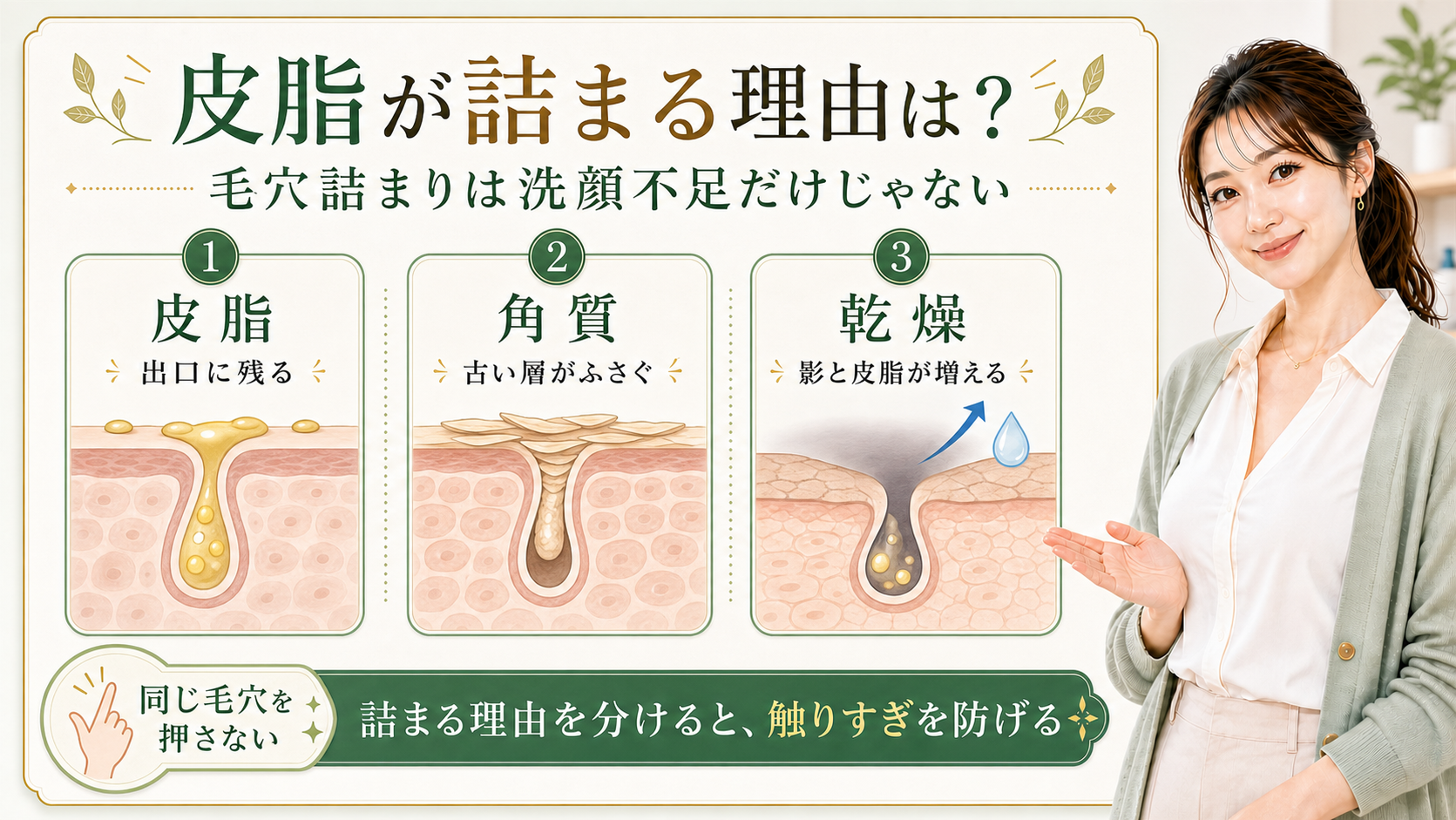 皮脂・角質・乾燥で毛穴詰まりの理由を説明する解説ボード