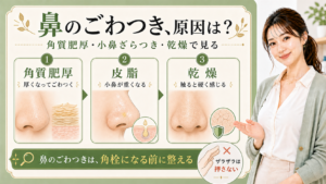 角質肥厚・皮脂・乾燥で鼻のごわつきを説明する解説ボード