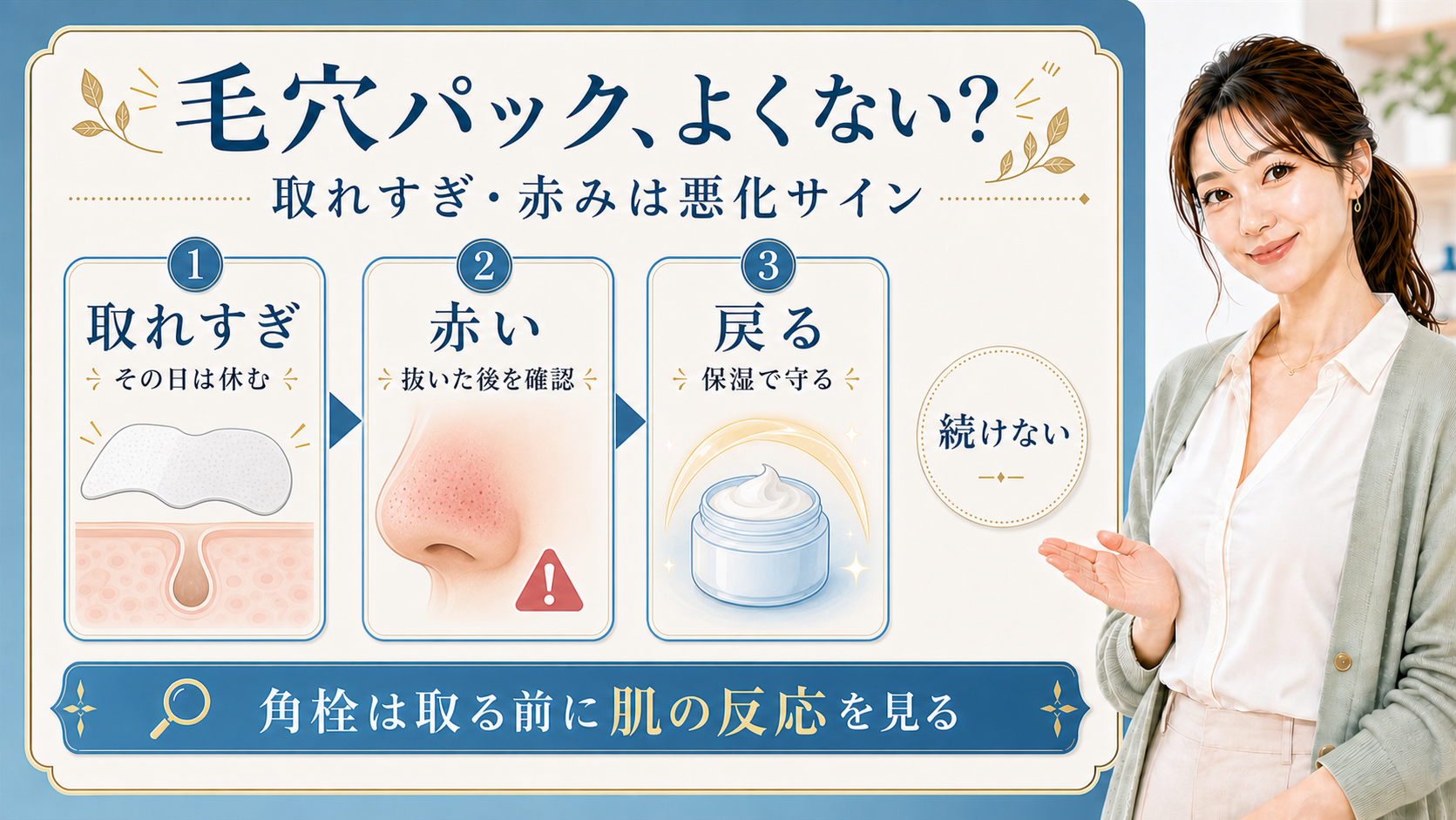 毛穴パックの取れすぎ・赤み・戻りを3カードで説明する解説ボード