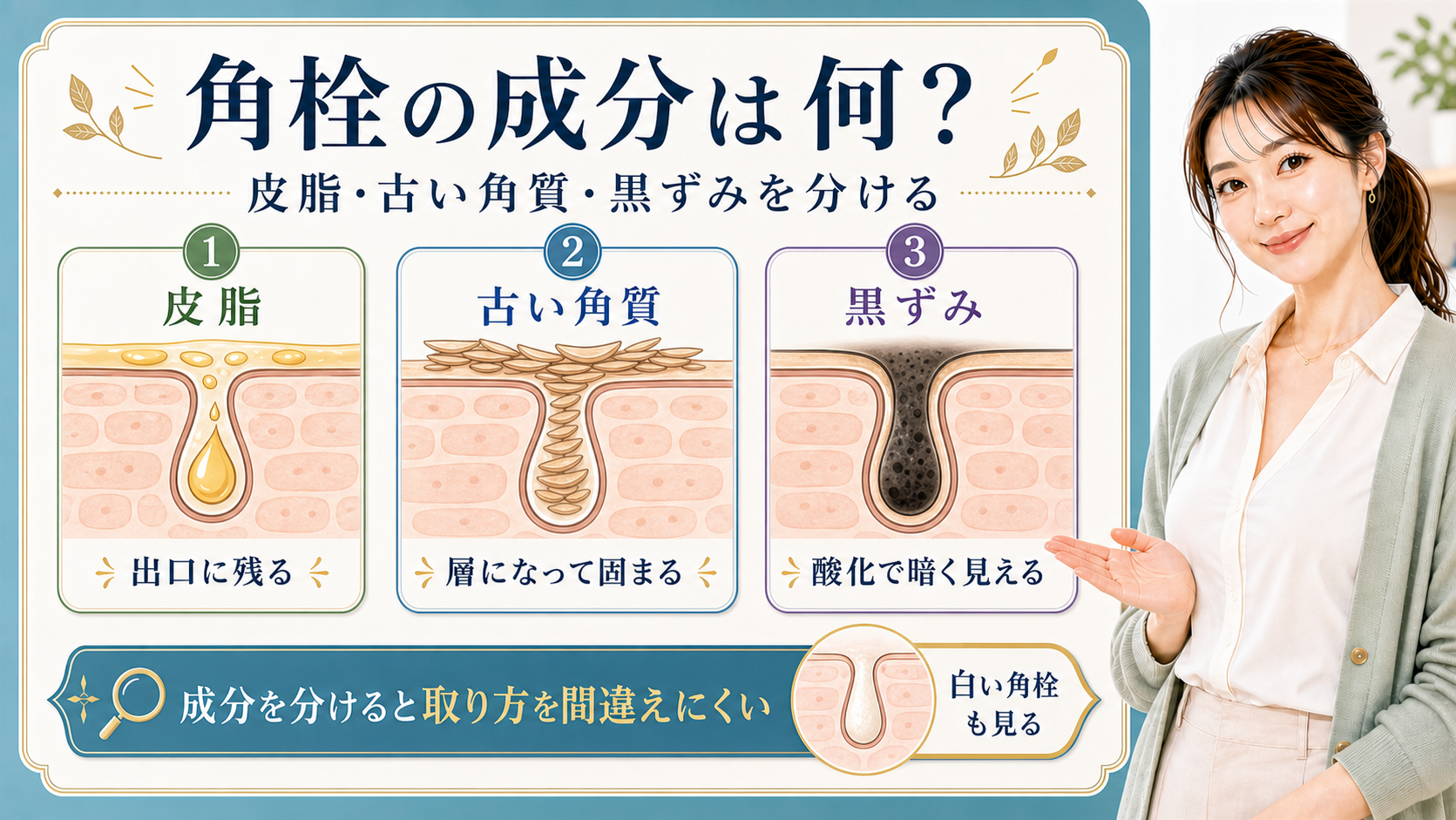 角栓の成分を皮脂・古い角質・黒ずみに分けて説明する解説ボード