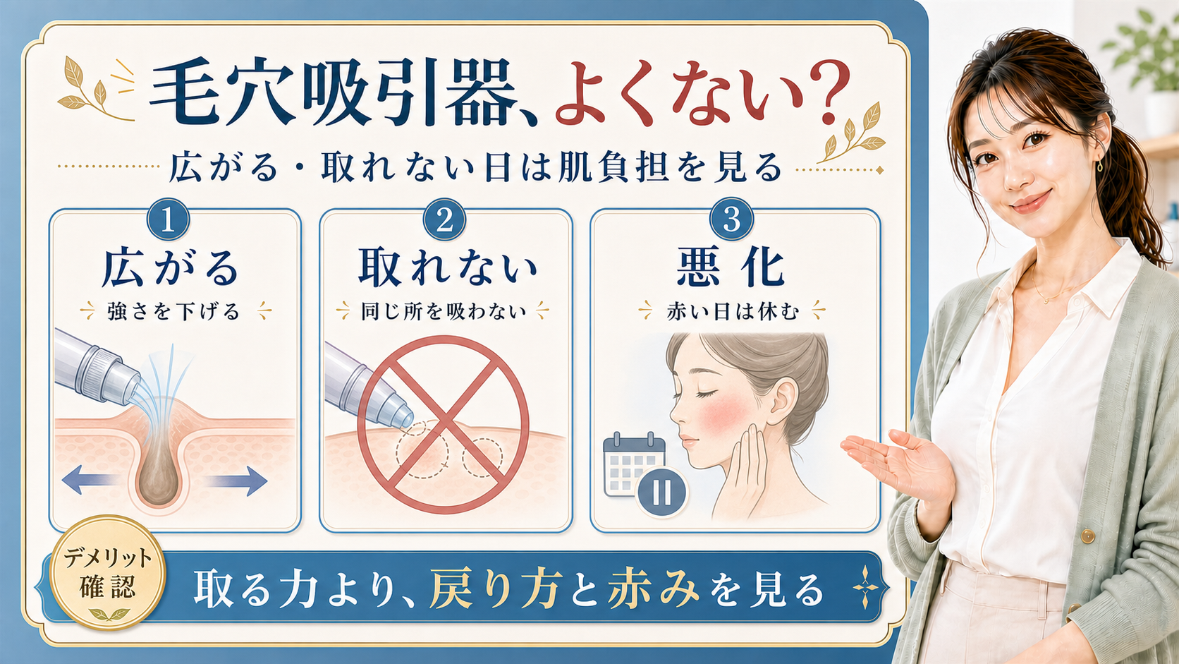毛穴吸引器の広がる・取れない・悪化を説明する解説ボード