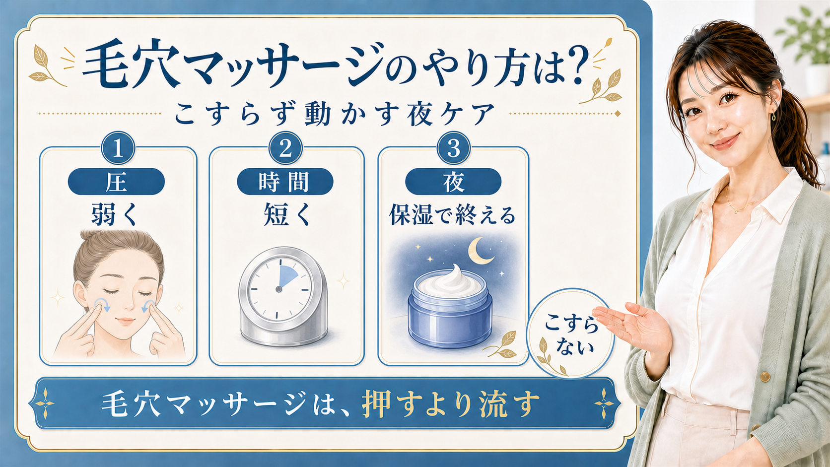 毛穴マッサージを圧・時間・夜ケアで説明する解説ボード
