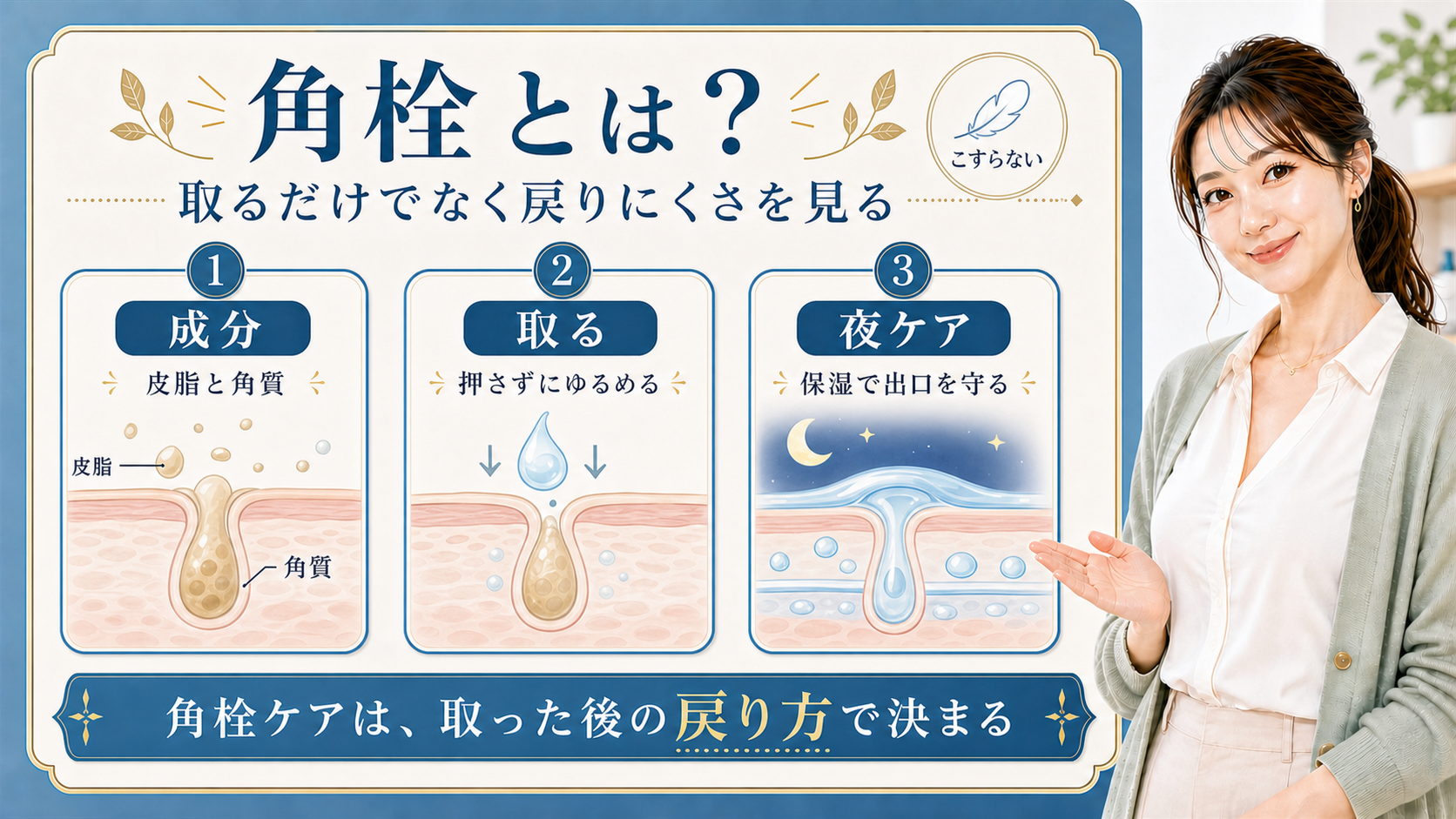 角栓とは何かを成分・取る・夜ケアで説明する解説ボード
