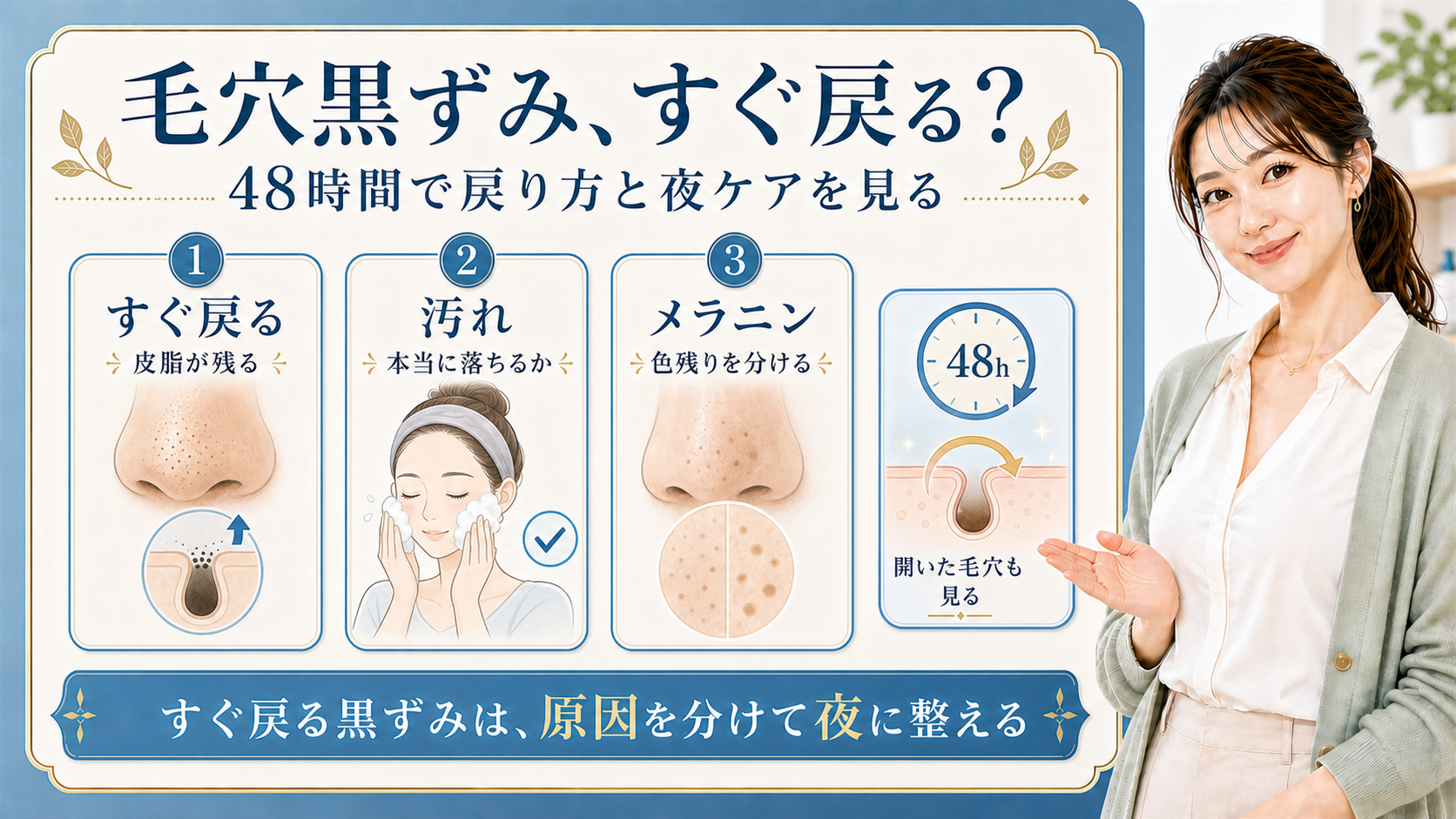 毛穴黒ずみがすぐ戻る理由を皮脂・汚れ・メラニンで説明する解説ボード