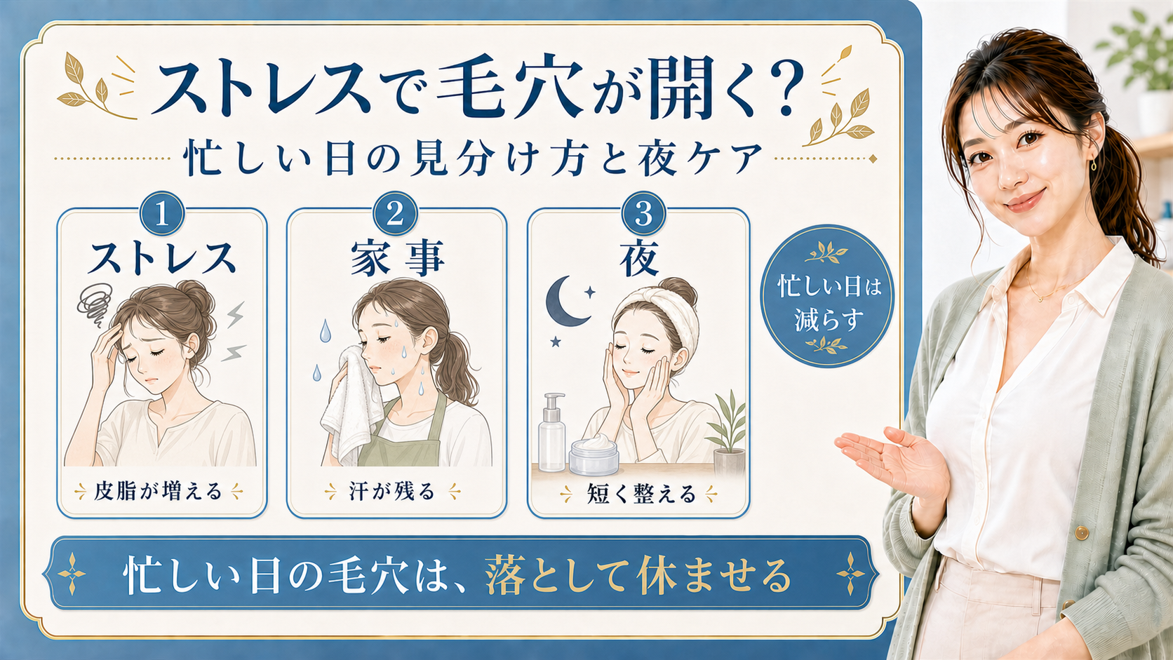 ストレス・家事・夜ケアで忙しい日の毛穴を説明する解説ボード