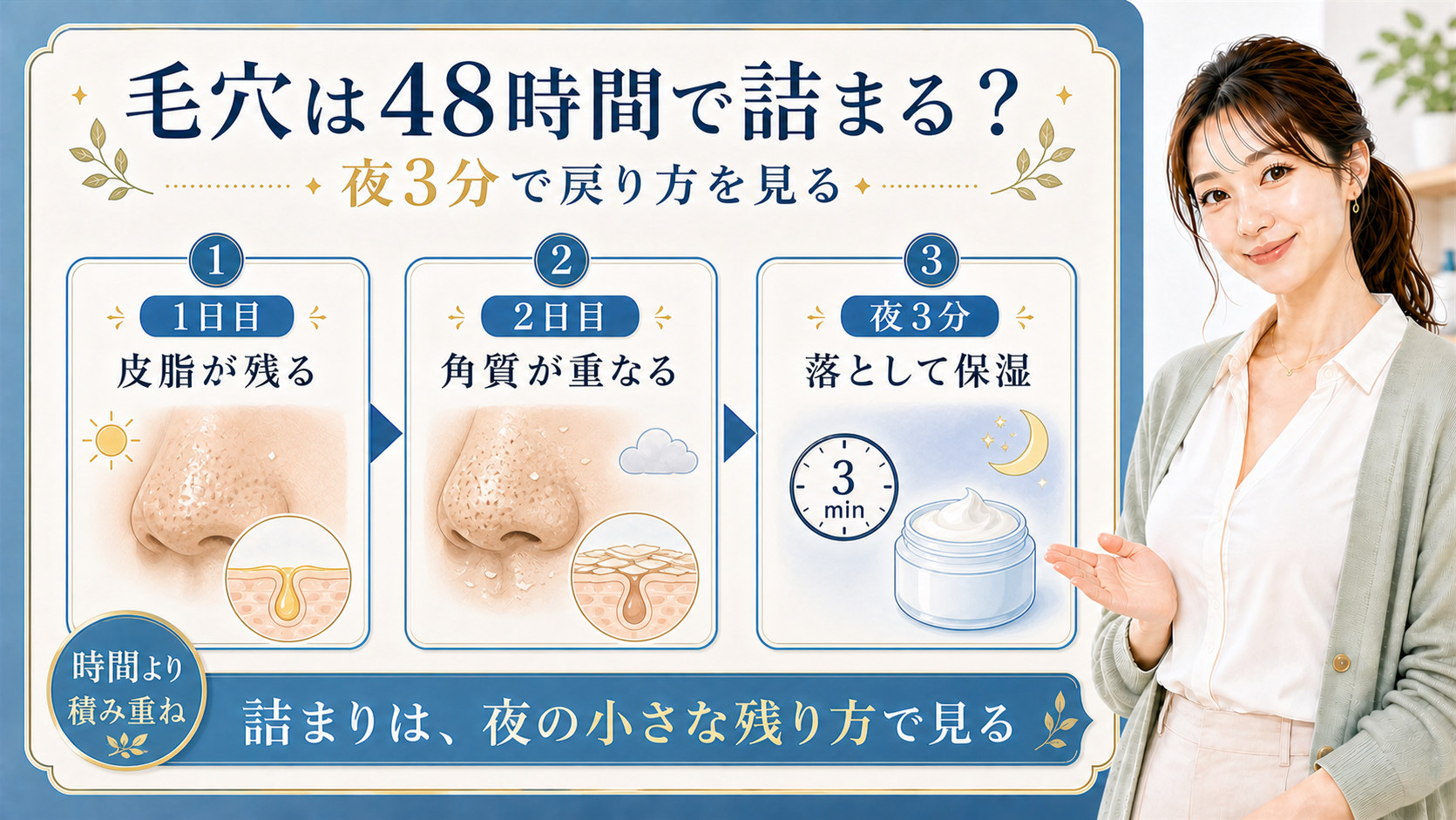 毛穴詰まりを1日目・2日目・夜3分で説明する解説ボード