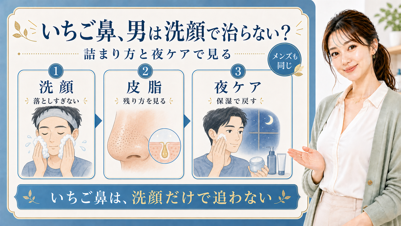 男性のいちご鼻を洗顔・皮脂・夜ケアで説明する解説ボード