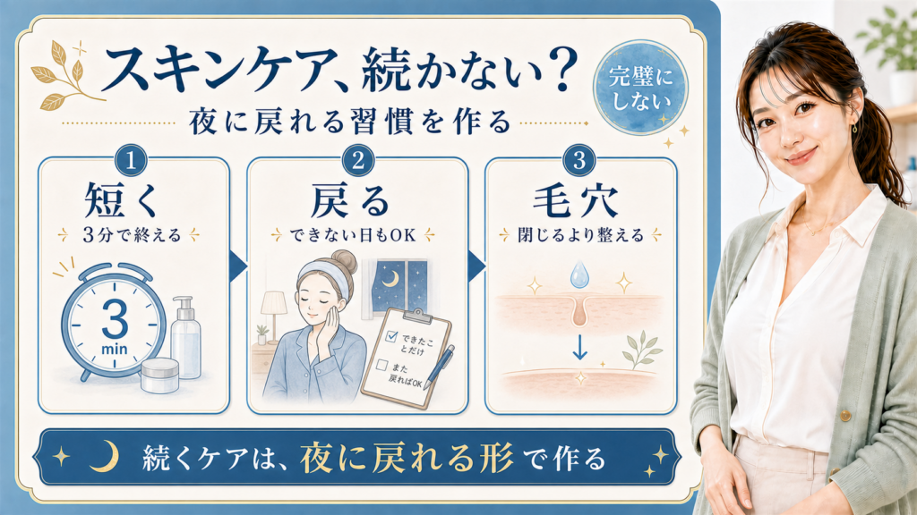 スキンケアが続かない理由を短く・戻る・毛穴で説明する解説ボード