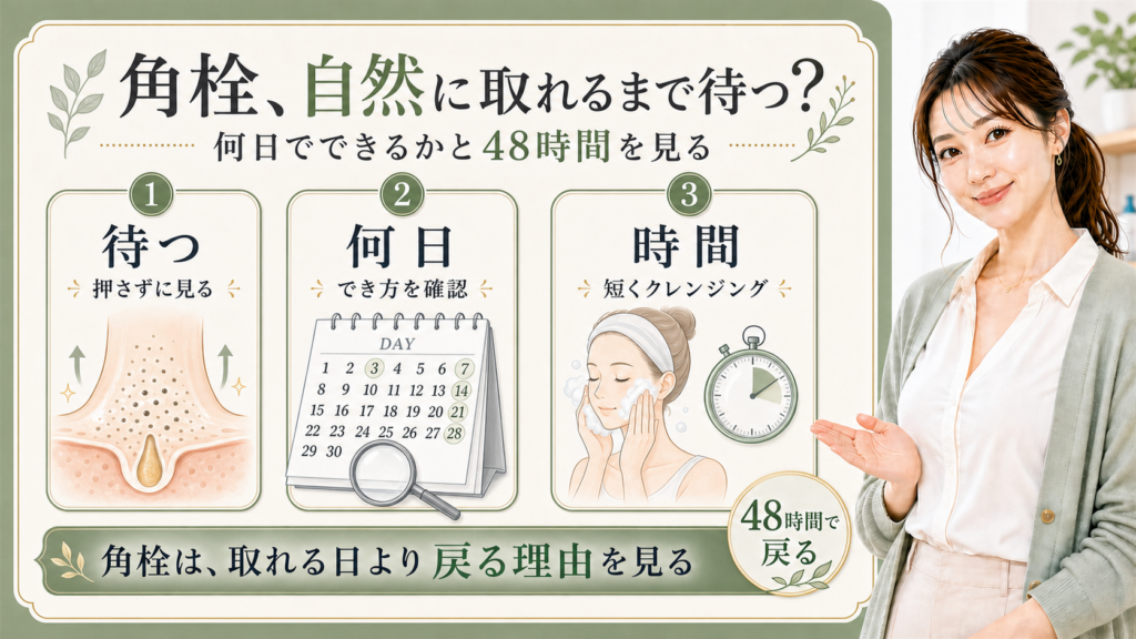 角栓が自然に取れるまでを待つ・何日・時間で説明する解説ボード