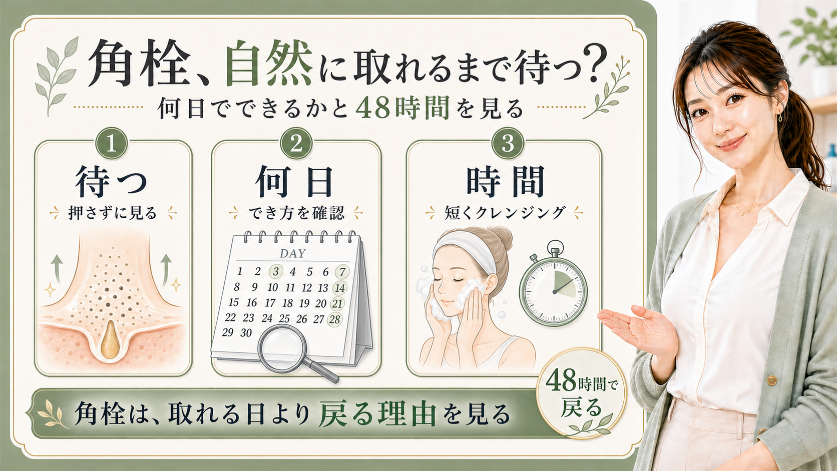 角栓が自然に取れるまでを待つ・何日・時間で説明する解説ボード