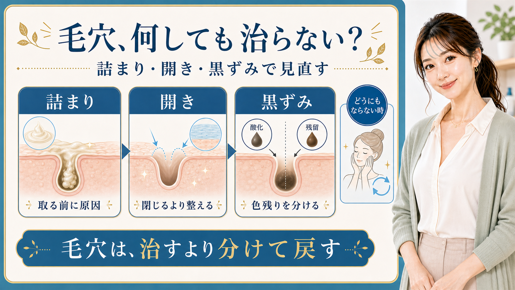 毛穴が何しても治らない時に詰まり・開き・黒ずみで説明する解説ボード