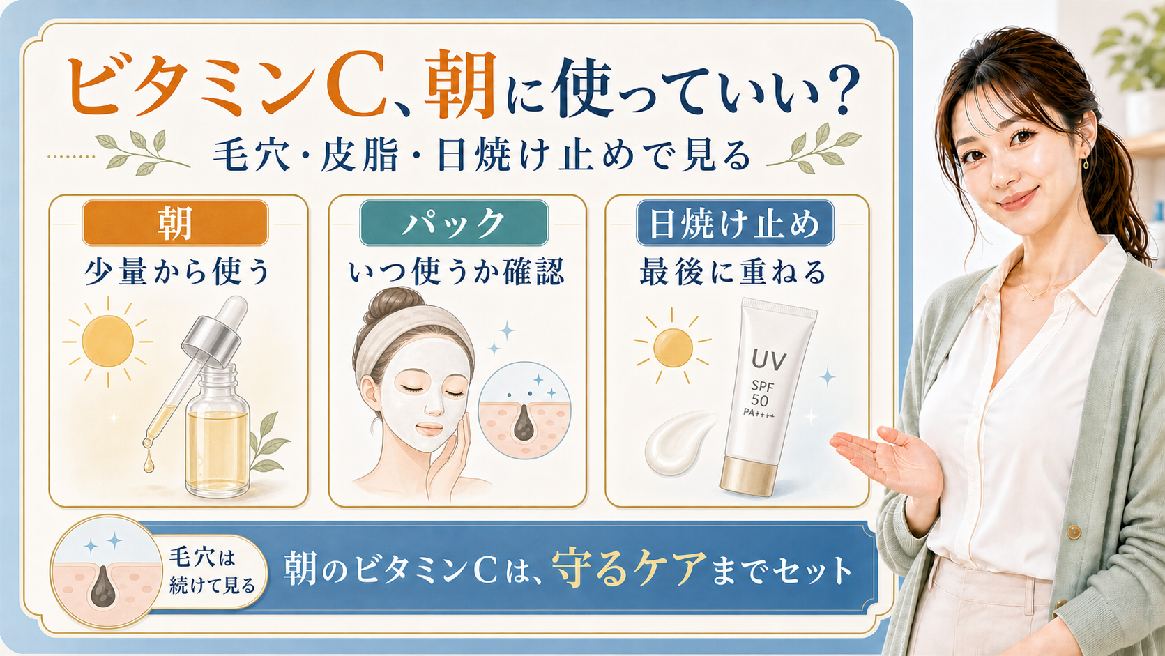 ビタミンCを朝・パック・日焼け止めで説明する解説ボード