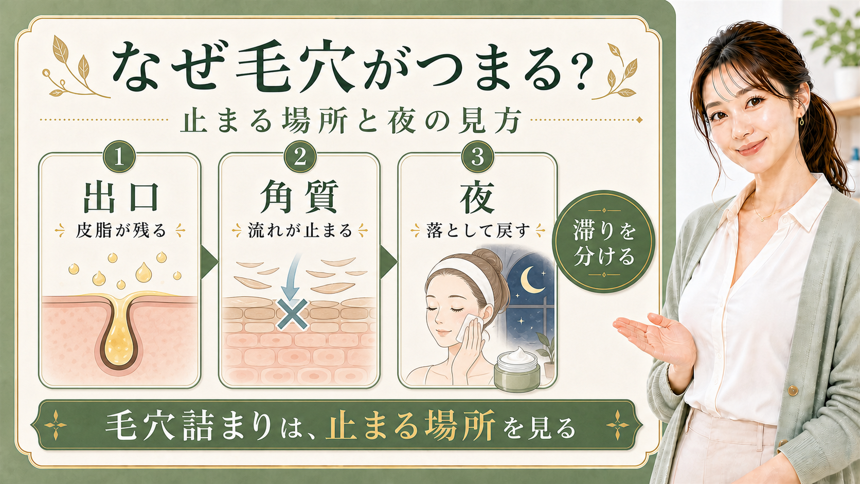 なぜ毛穴がつまるかを出口・角質・夜で説明する解説ボード