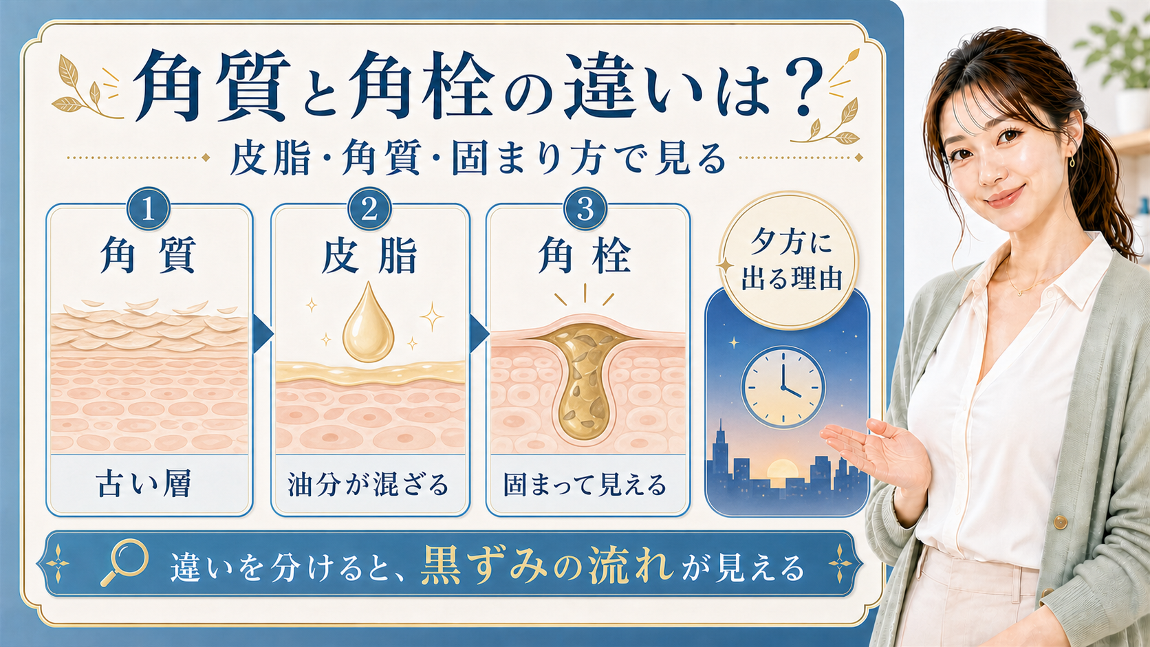 角質と角栓の違いを角質・皮脂・角栓で説明する解説ボード