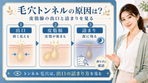 毛穴トンネルの原因を出口・皮脂腺・詰まりで説明する解説ボード
