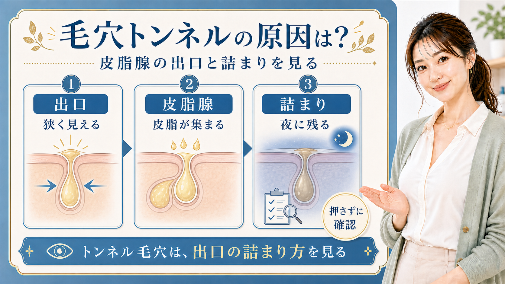 毛穴トンネルの原因を出口・皮脂腺・詰まりで説明する解説ボード