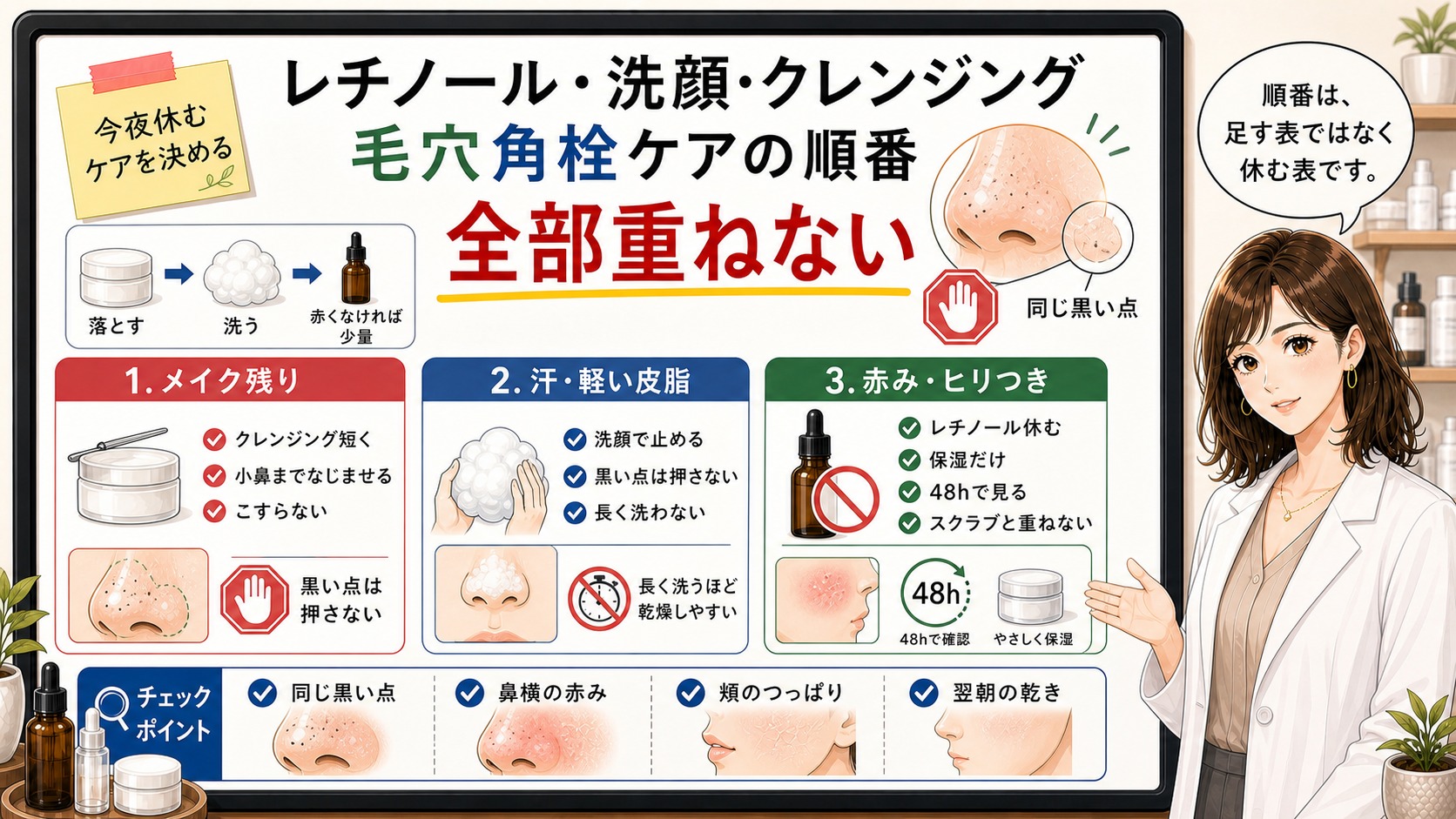 レチノール・洗顔・クレンジングの順番を、全部重ねずメイク残り・軽い皮脂・赤みやヒリつきで今夜休むケアを決める大判ボードと女性解説者で示したアイキャッチ