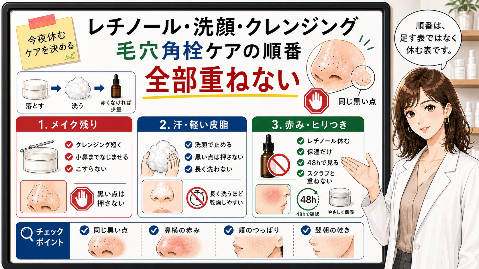 レチノール・洗顔・クレンジングを全部重ねず、毛穴角栓ケアの順番と休むケアを大判ボードと女性解説者で示したアイキャッチ