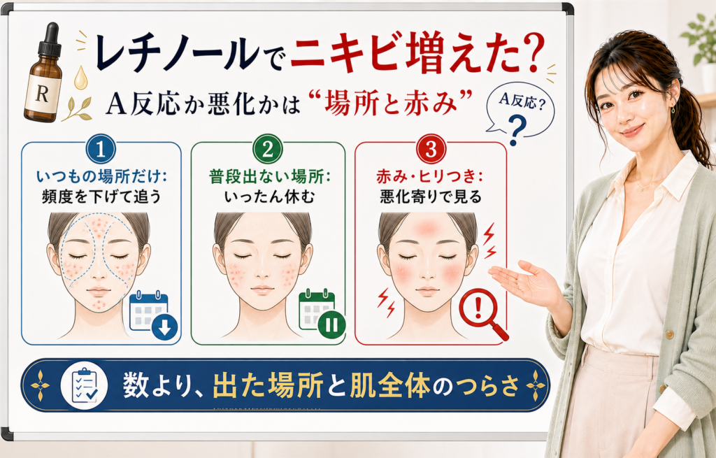 レチノールでニキビが増えた時にA反応か悪化かを場所と赤みで見るアイキャッチ