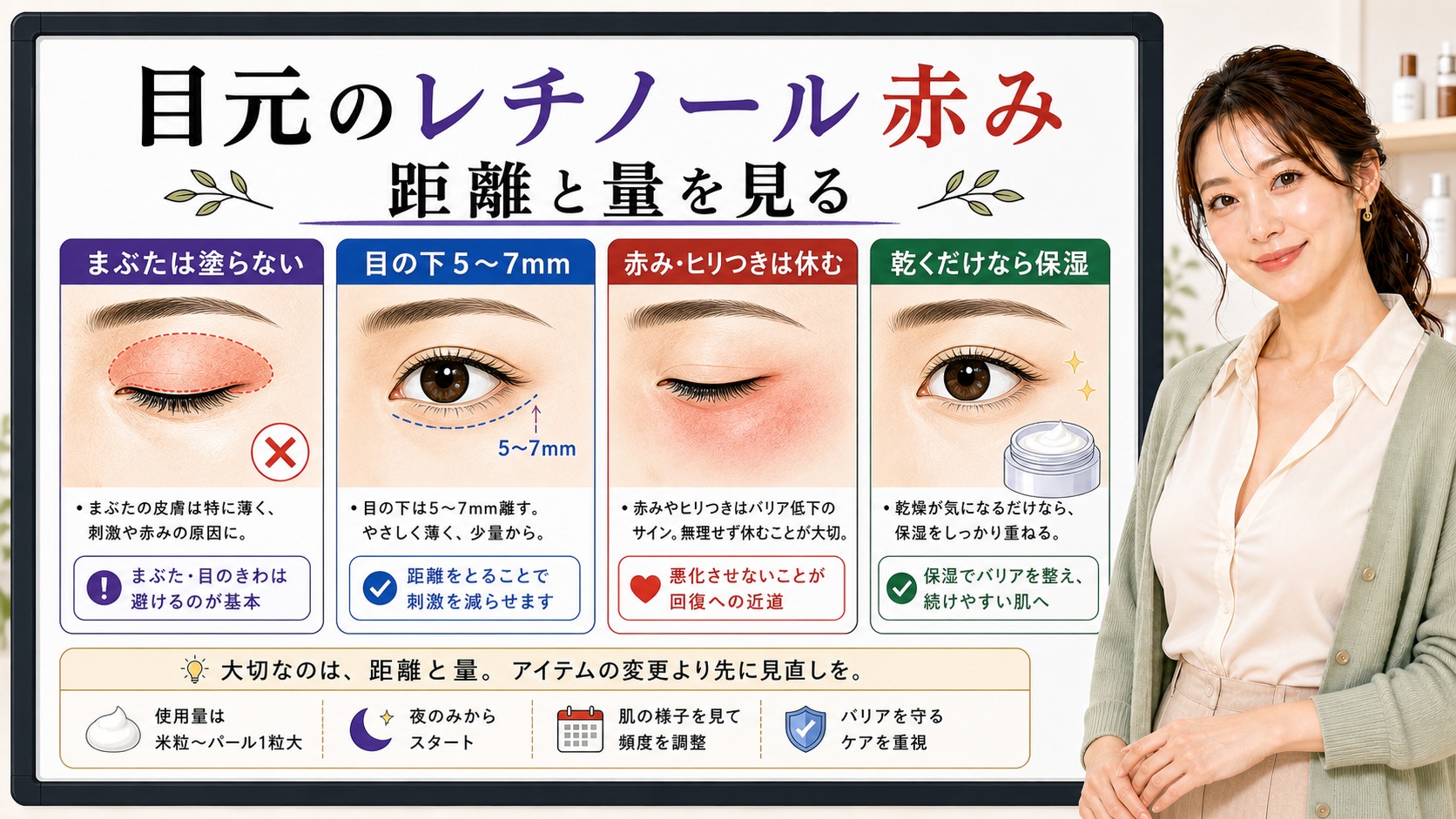 レチノールで目元が赤くなりやすい理由と距離や量の見直し方を解説