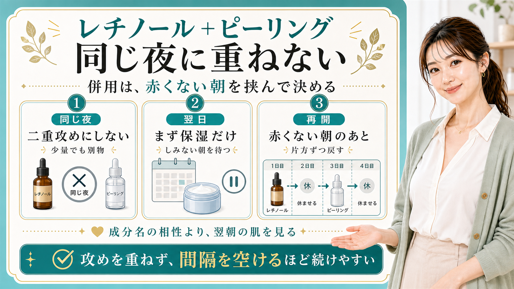 レチノールとピーリングは同じ夜に重ねない