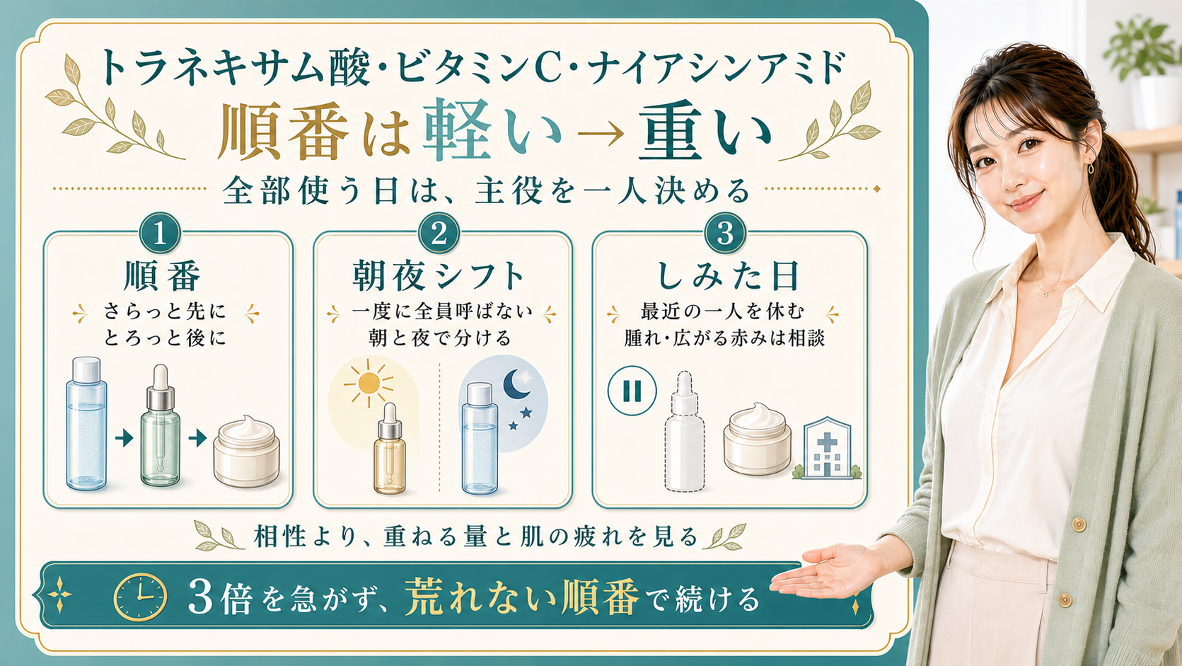 トラネキサム酸とビタミンCとナイアシンアミドは軽い順に重ねる