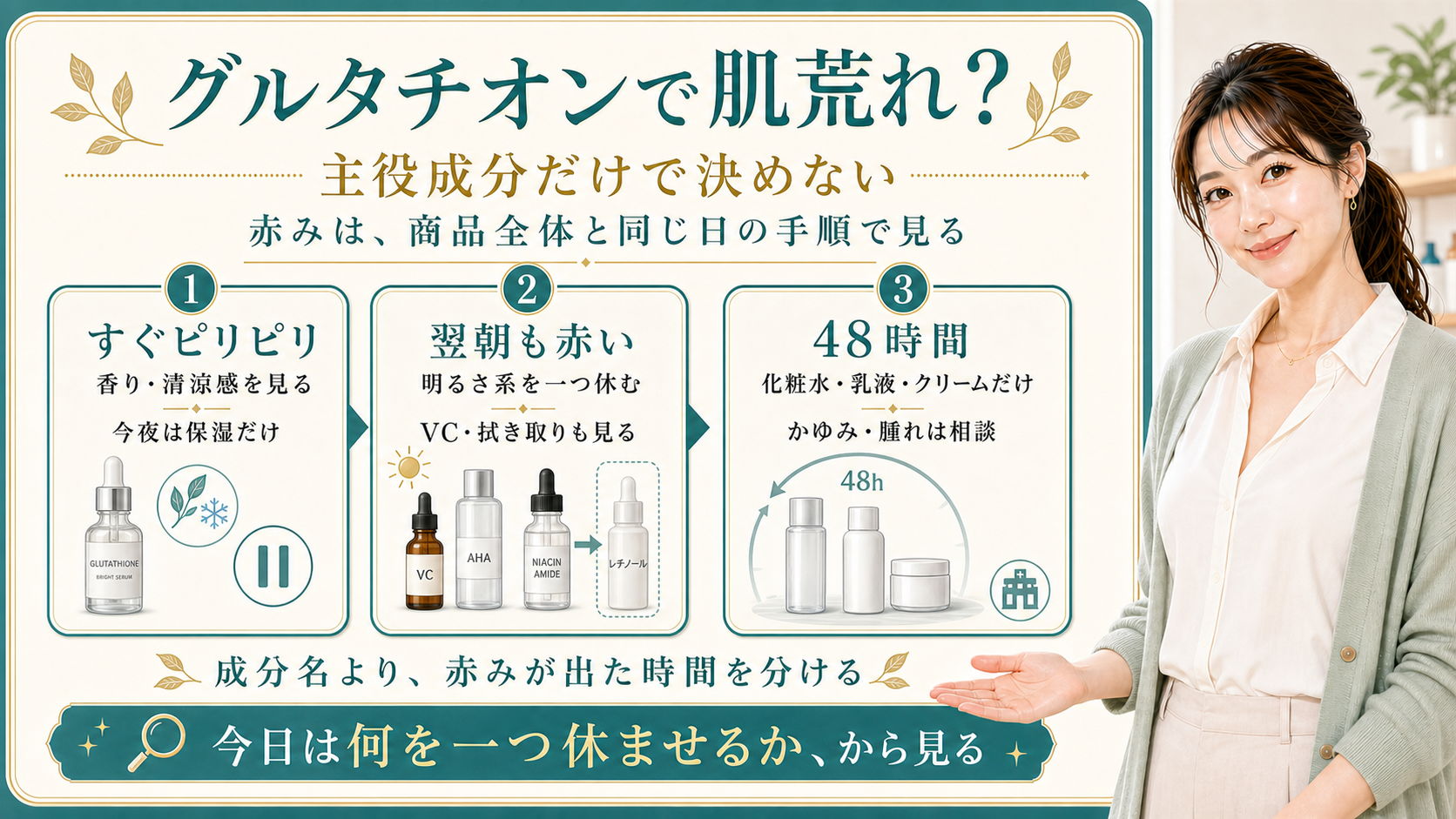 グルタチオンで肌荒れしても主役成分だけで決めない
