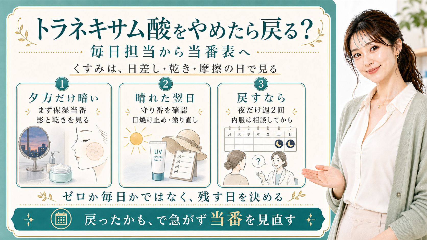 トラネキサム酸をやめたら戻る不安は毎日担当から当番表へ