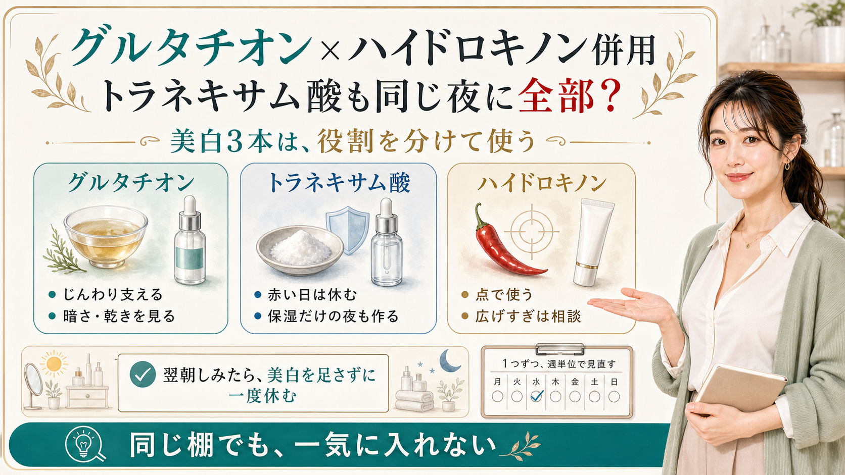 グルタチオンとハイドロキノン併用は美白3本の役割を分ける