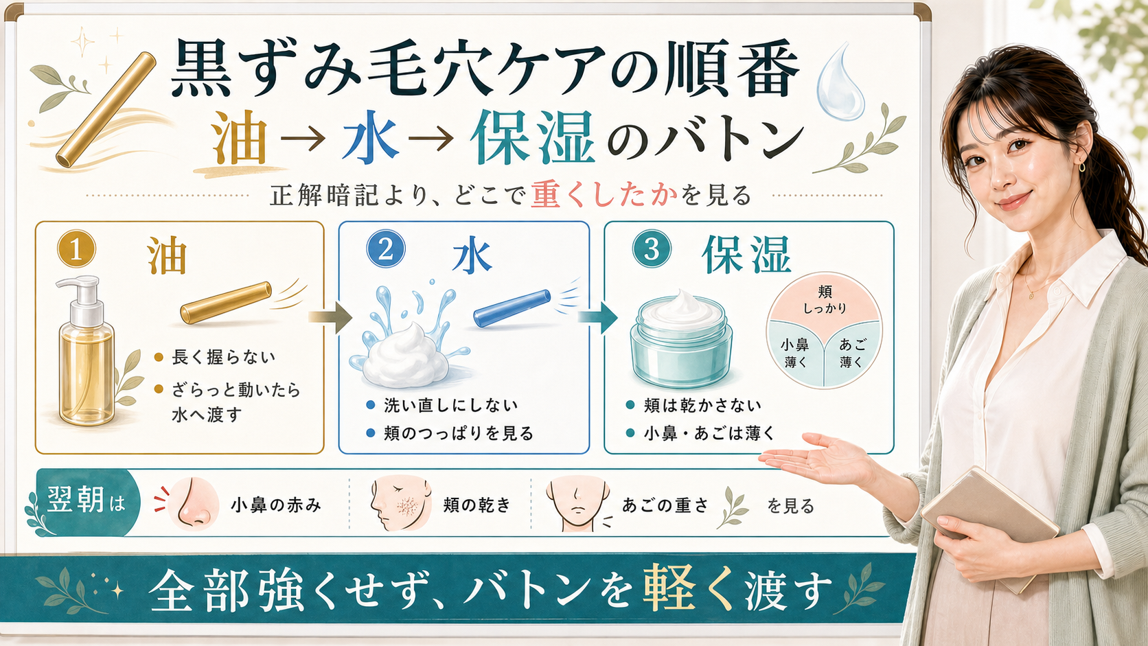 黒ずみ毛穴ケアの順番は油水保湿のバトンを軽く渡す