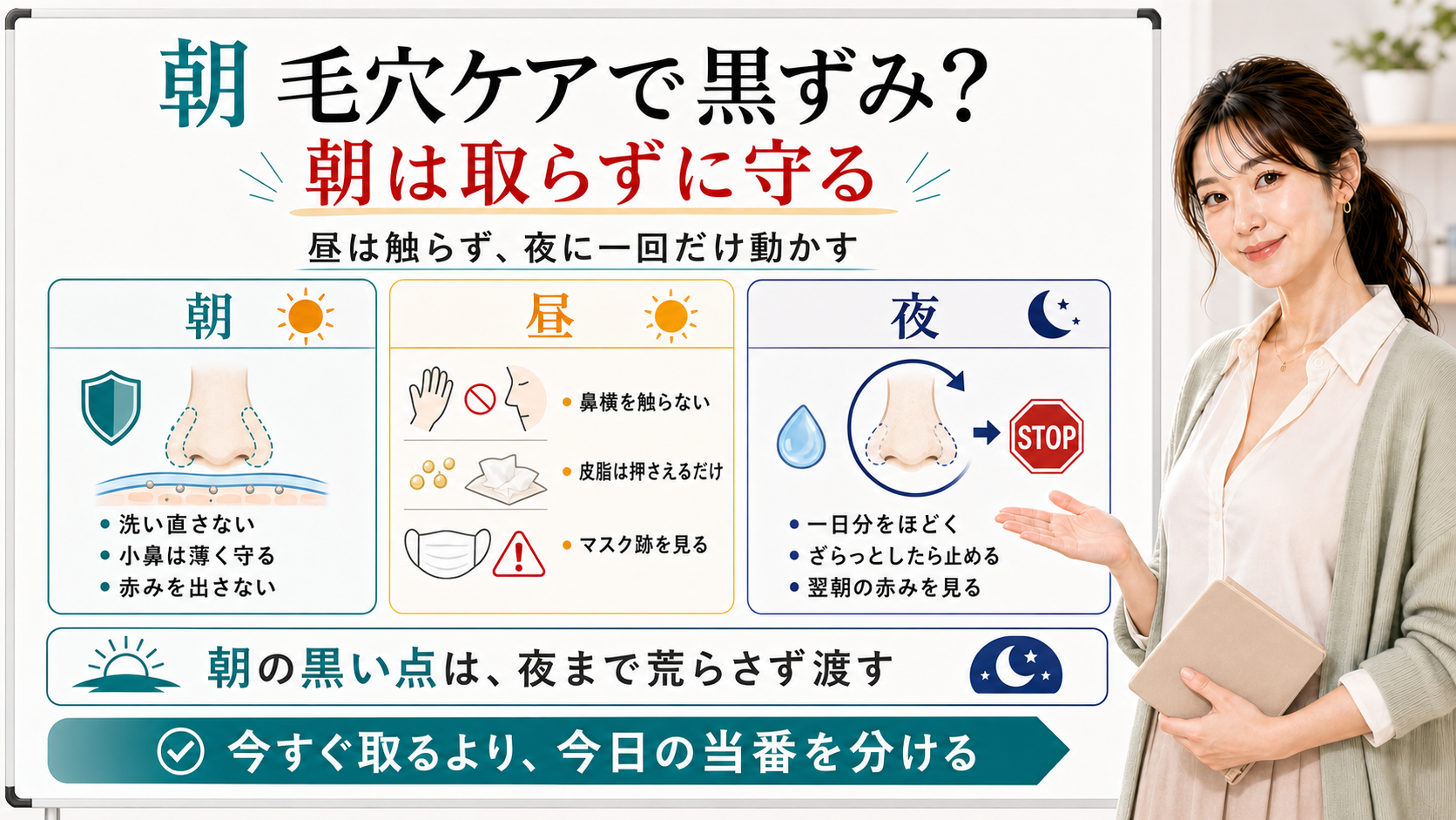 朝毛穴ケアは朝に取らず昼は触らず夜に一回だけ動かす