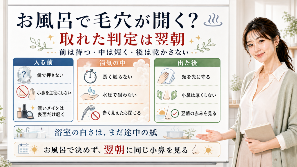 お風呂の毛穴ケアは前は待ち中は短く後は乾かさず翌朝に判定する