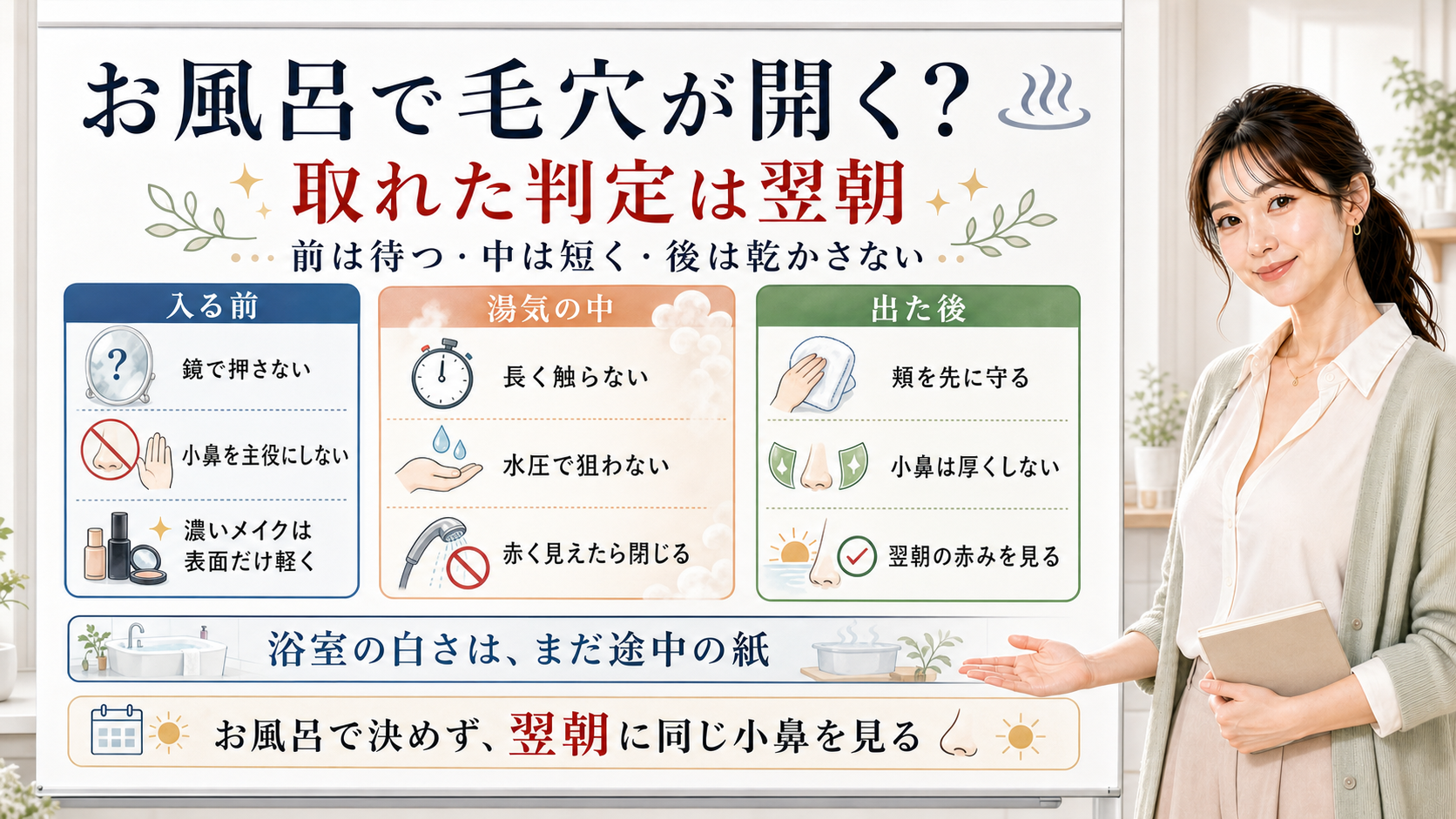 お風呂の毛穴ケアは前は待ち中は短く後は乾かさず翌朝に判定する