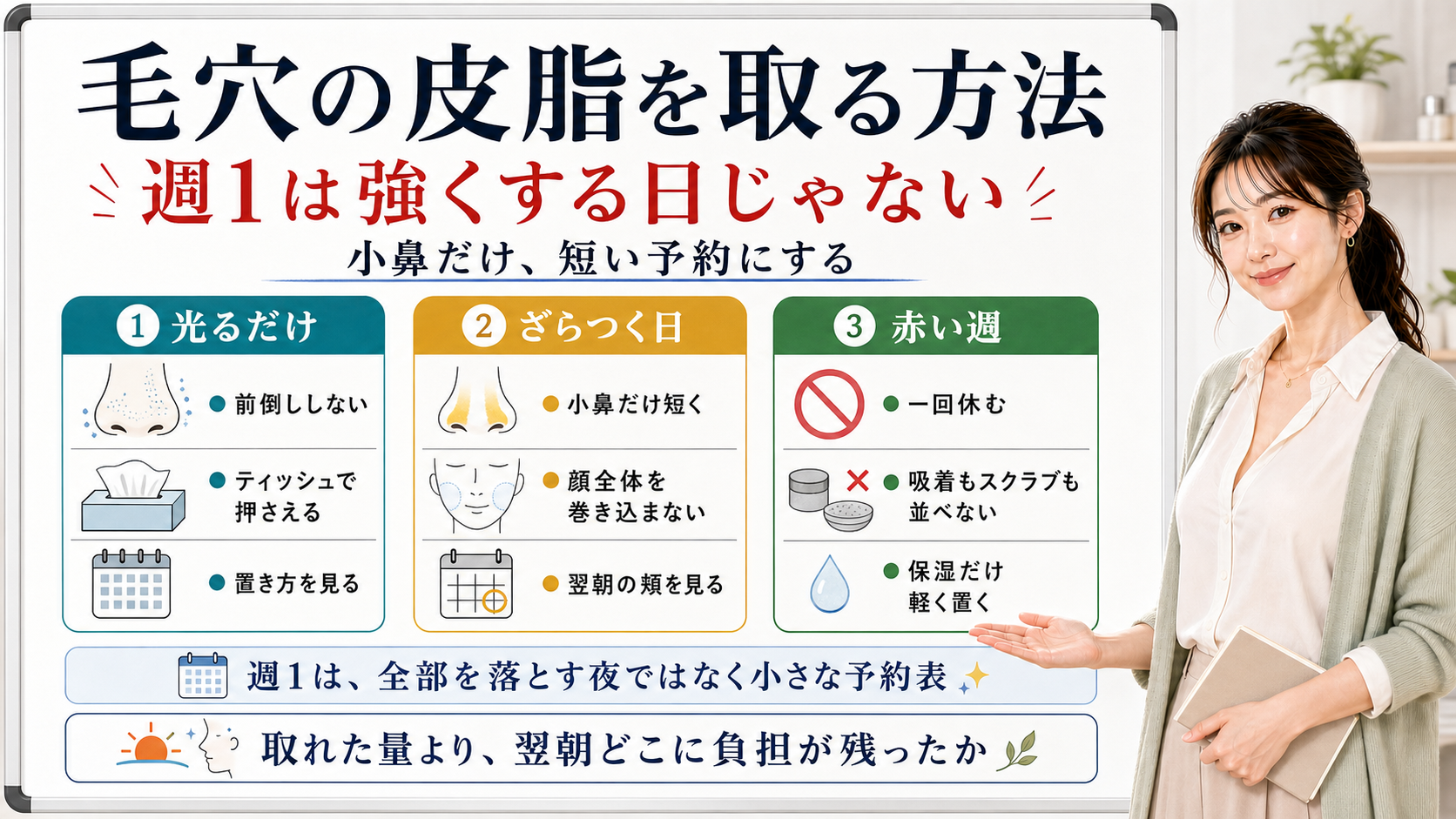 毛穴の皮脂を取る方法は週1を強くせず小鼻だけ短い予約にする