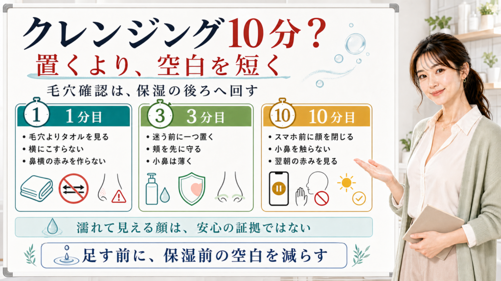 クレンジング10分は置くより保湿前の空白を短くし毛穴確認を後ろへ回す