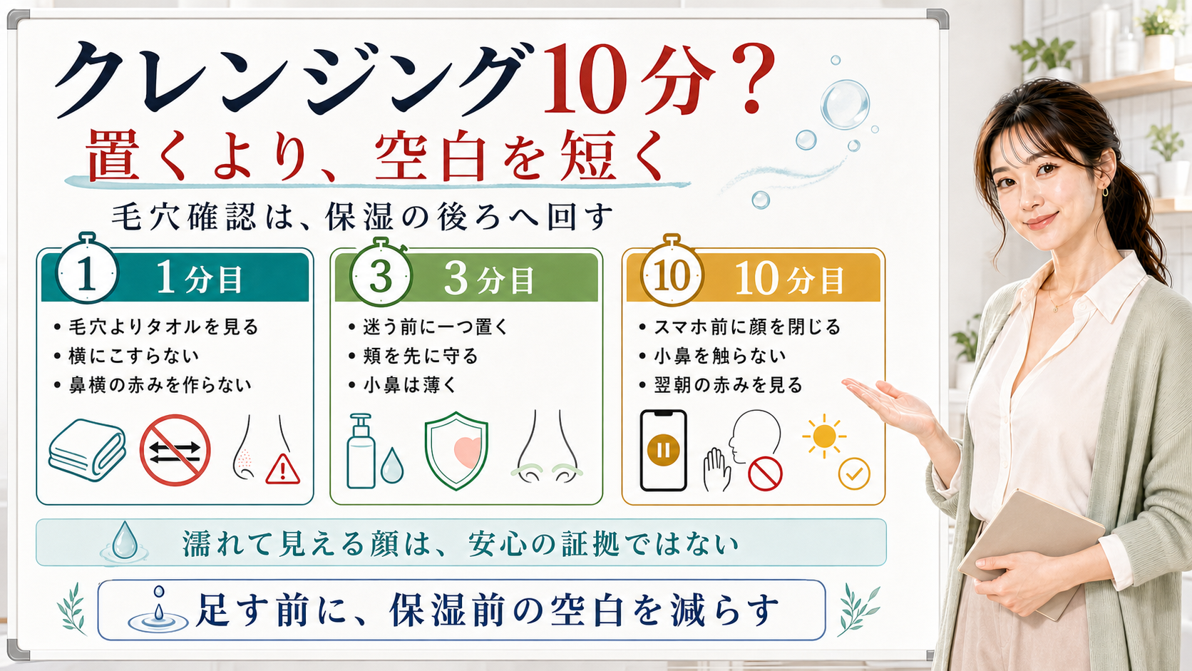 クレンジング10分は置くより保湿前の空白を短くし毛穴確認を後ろへ回す